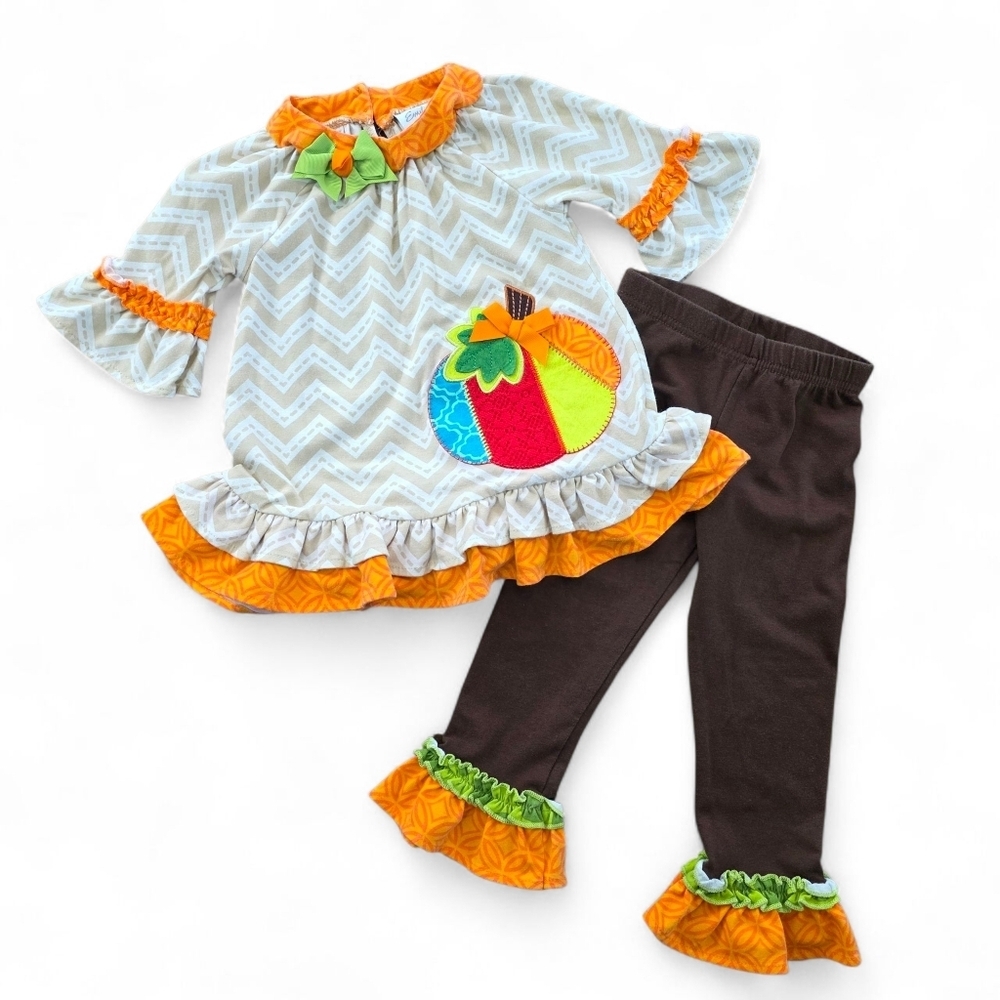 Emily Rose 2T Fall Pumpkin Applique Outfit Ruffle Tunic Leggings Thanksgiving